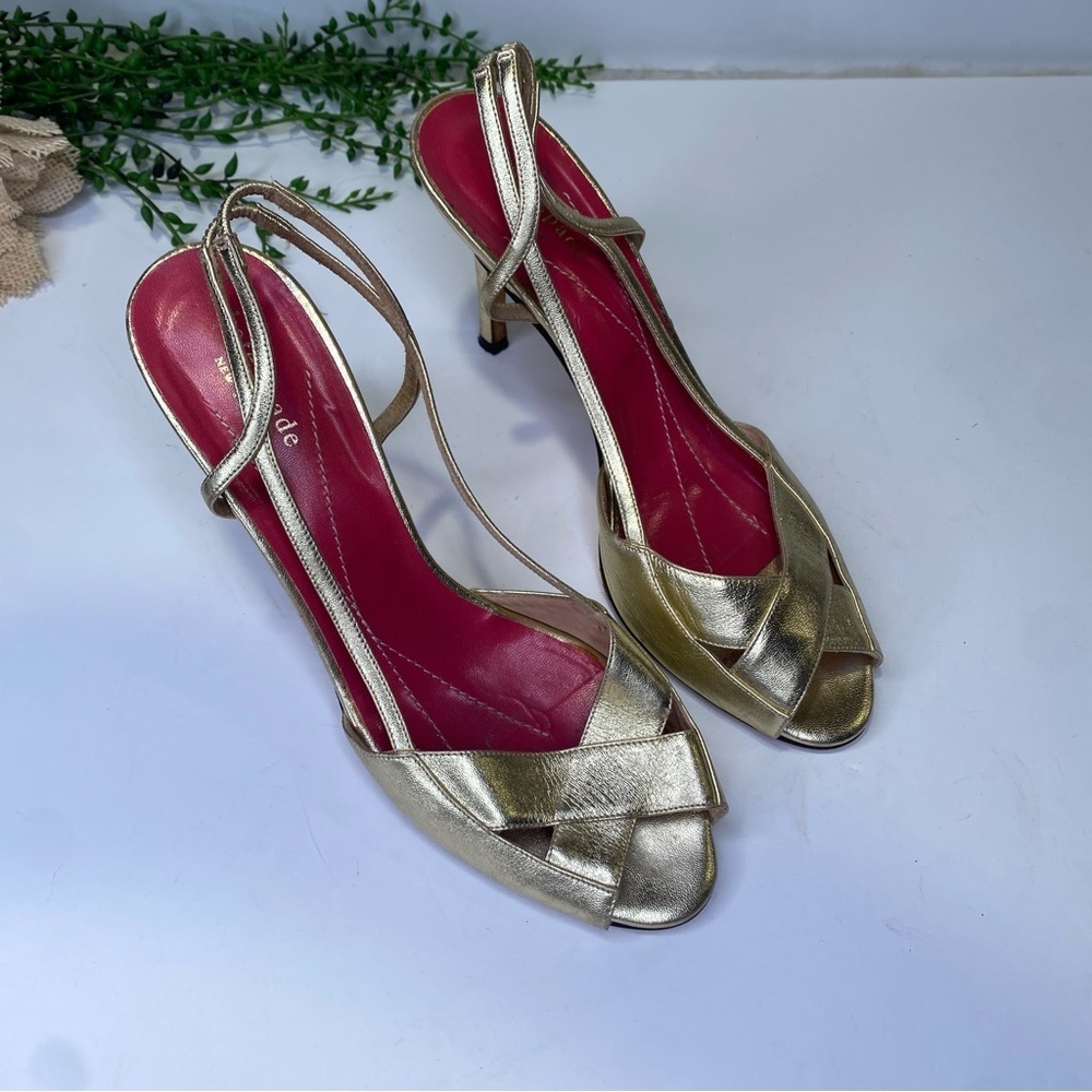 Kate Spade Gold Peep Toe Strappy Sandal Heels Leather Size 8.5M - Picture 2 of 10